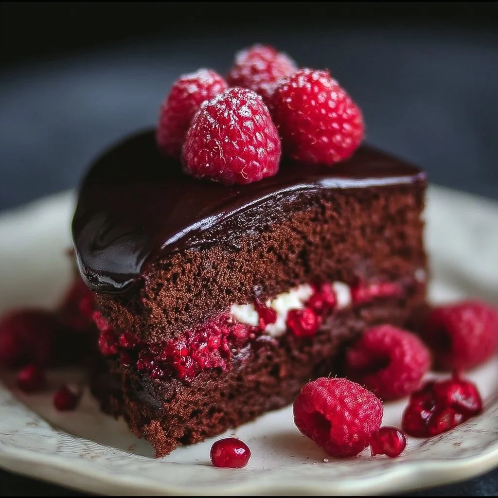 Delicious Chocolate Raspberry Truffle Cake topped with fresh raspberries and chocolate ganache.