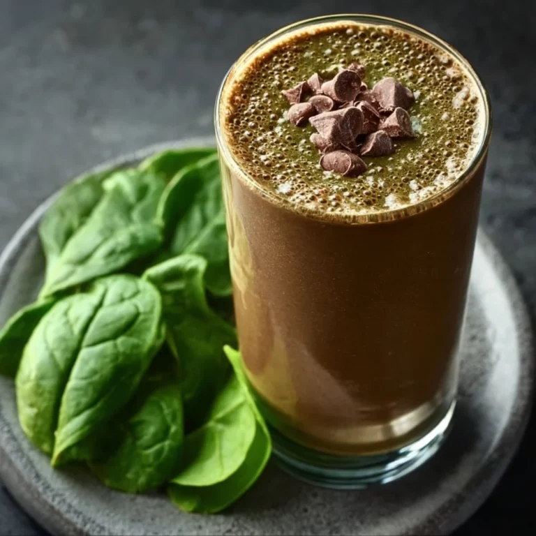 Healthy Chocolate Spinach Smoothie in a glass with spinach leaves and cocoa powder