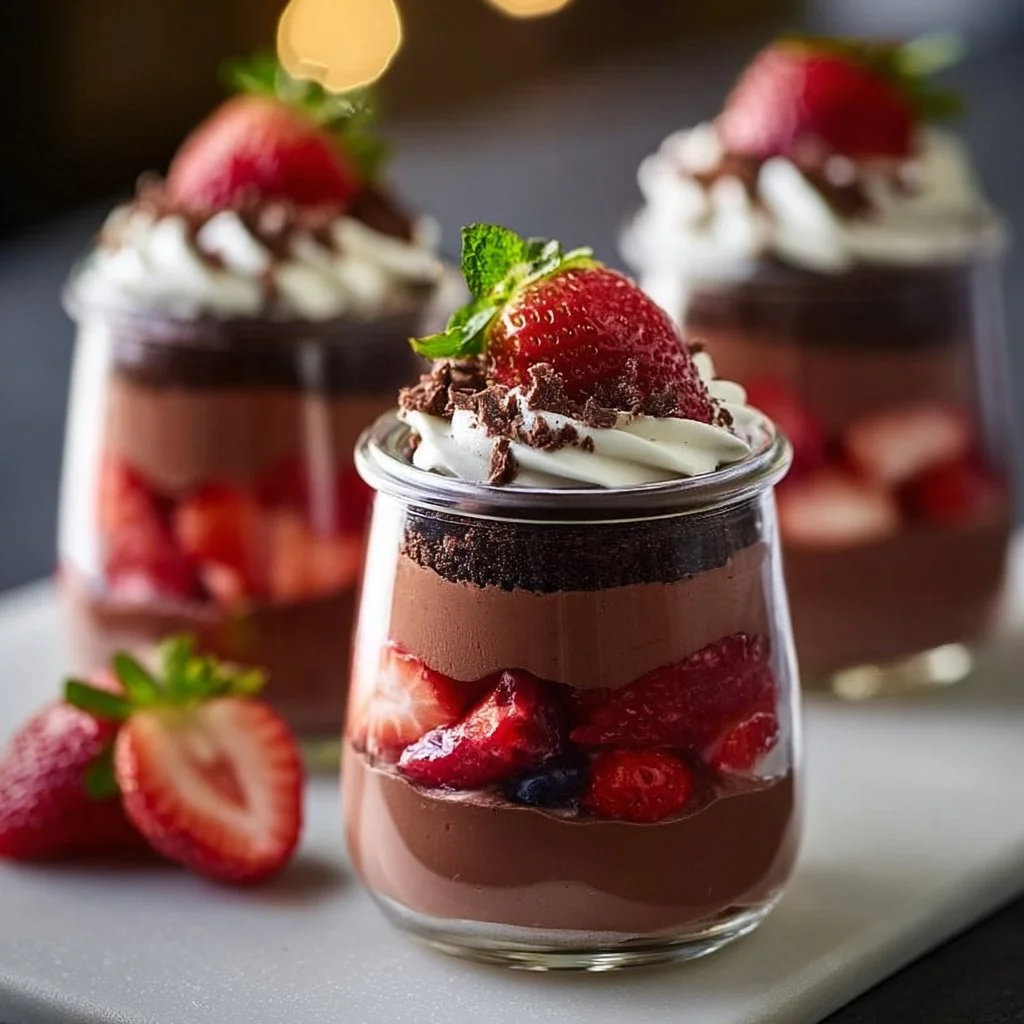 Delicious Chocolate Strawberry Parfaits served in elegant glasses