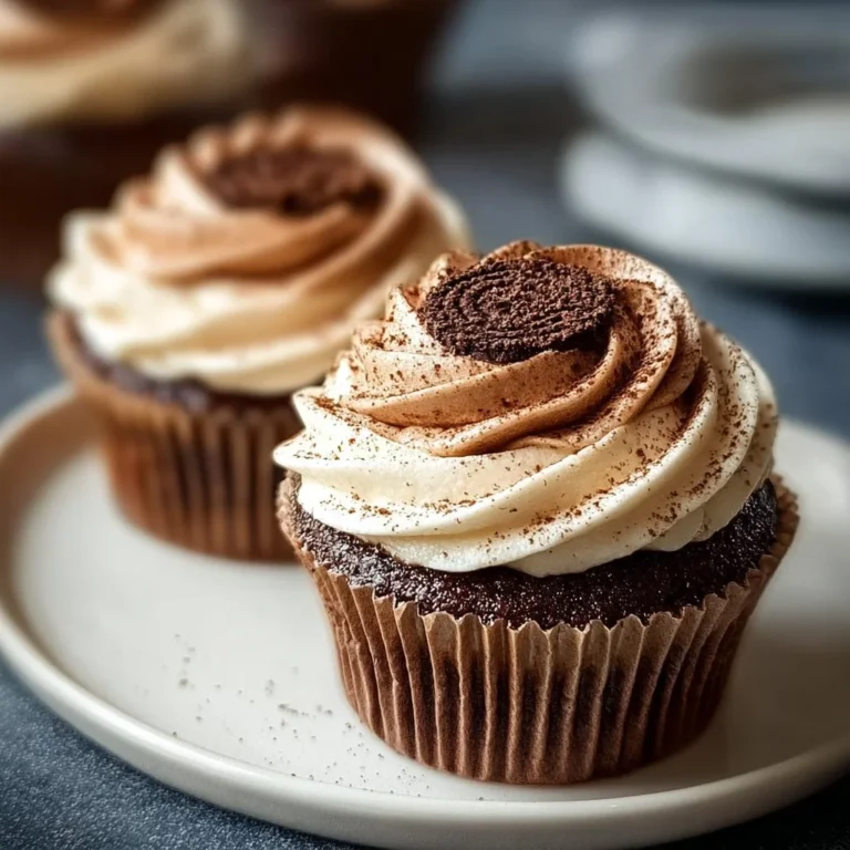 Chocolate Tiramisu Cupcakes topped with cream and cocoa powder