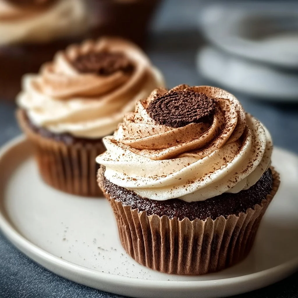 Chocolate Tiramisu Cupcakes topped with cream and cocoa powder