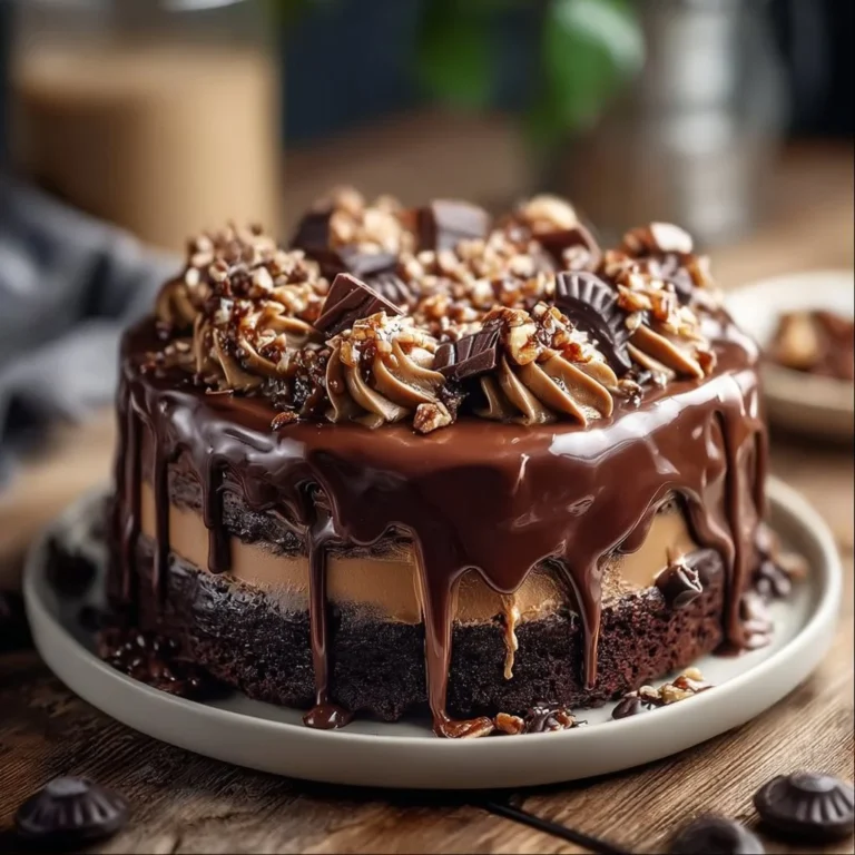 Delicious homemade Chocolate Turtle Cake with chocolate frosting and caramel drizzle.