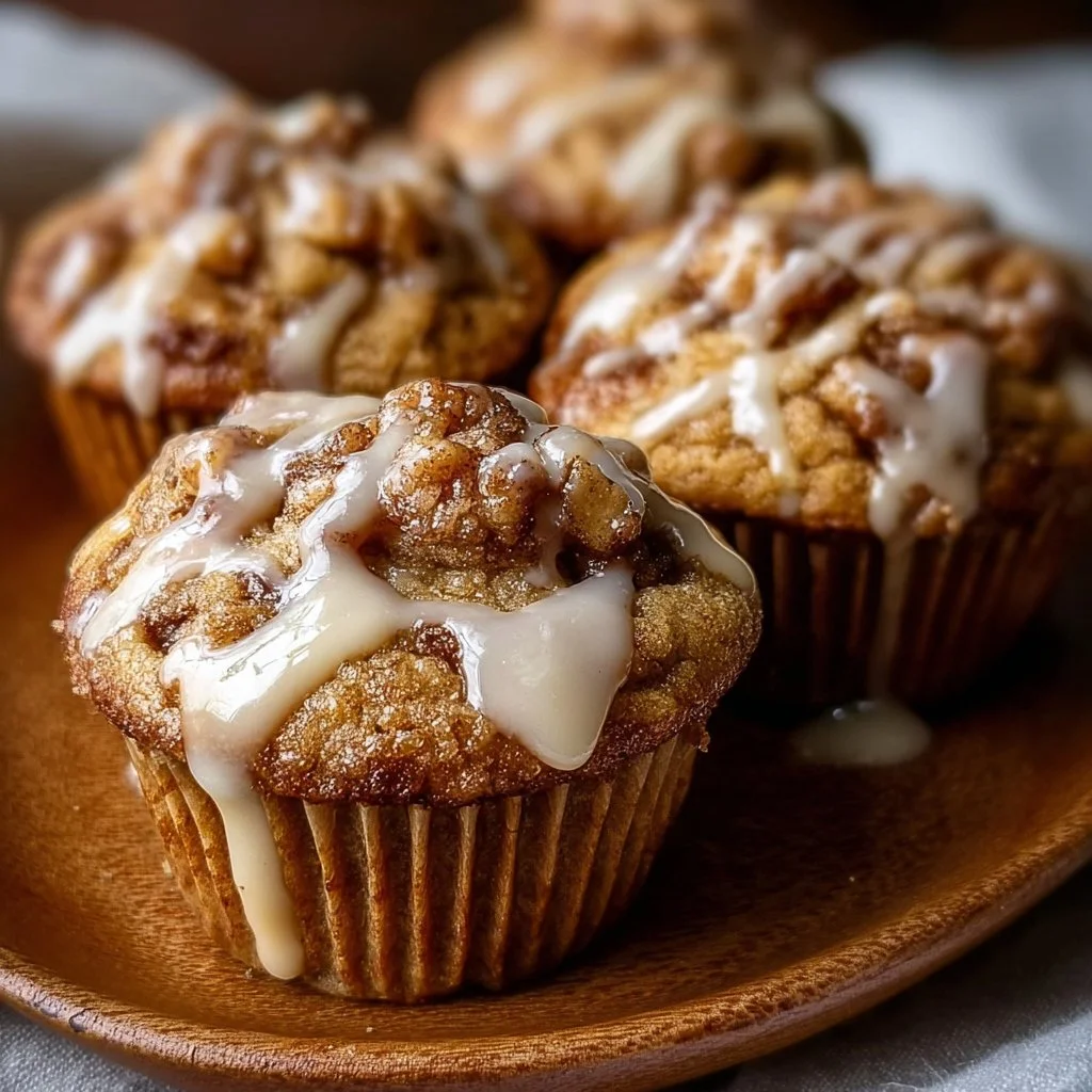 Cinnamon roll protein muffins topped with icing on a wooden table.