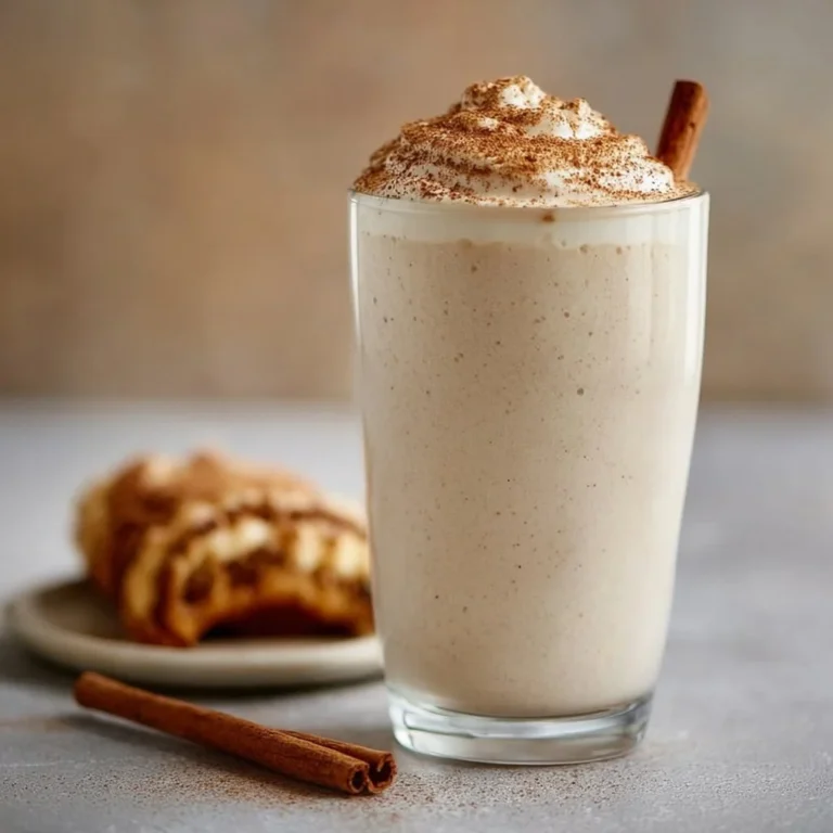 Cinnamon roll protein shake in a glass with a sprinkle of cinnamon on top