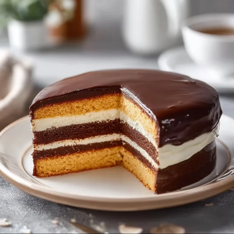 Classic Ding Dong Cake with chocolate layers and creamy filling on a plate.