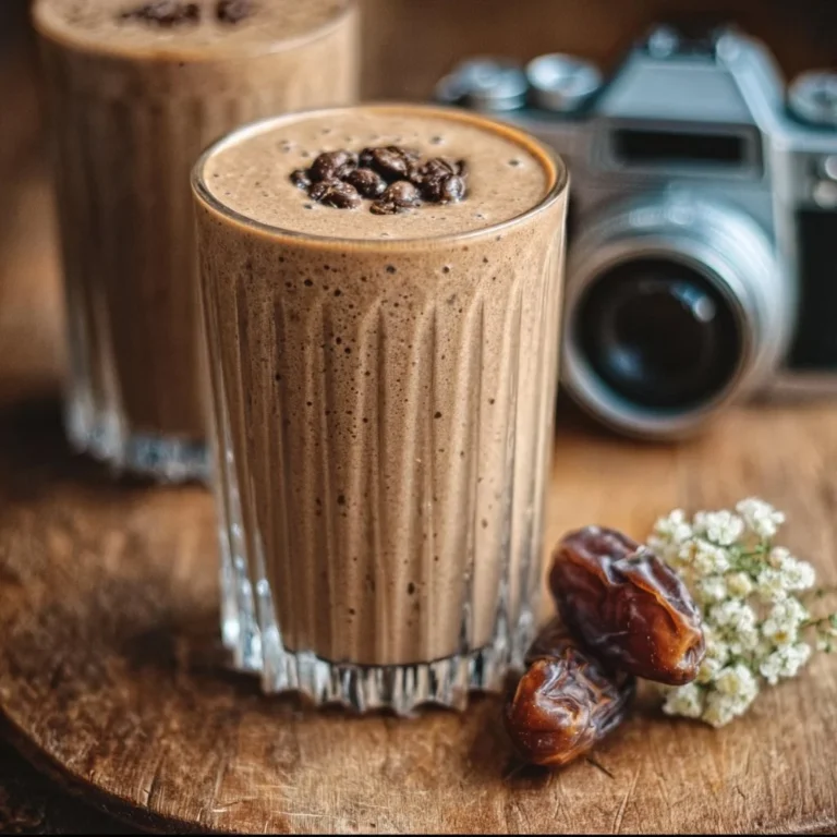 Creamy date coffee breakfast smoothie in a glass with toppings.
