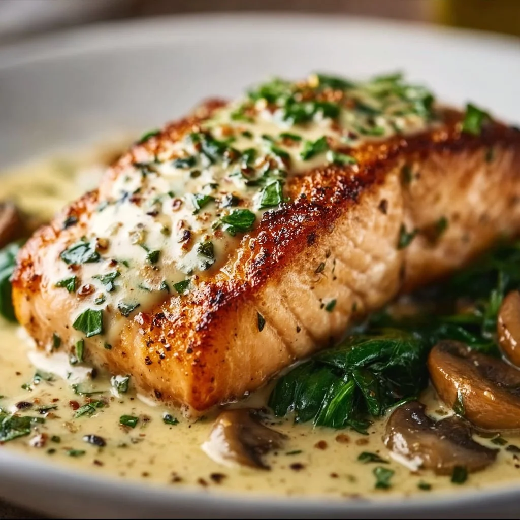 Creamy garlic butter salmon served on a plate with herbs and lemon slices.