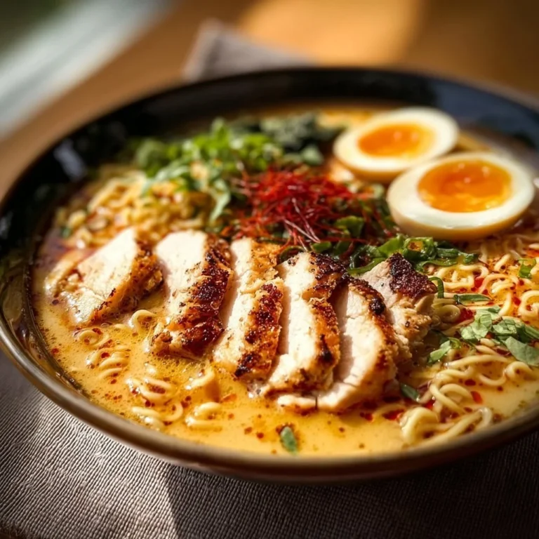 Delicious creamy garlic chicken ramen served in a bowl with fresh herbs