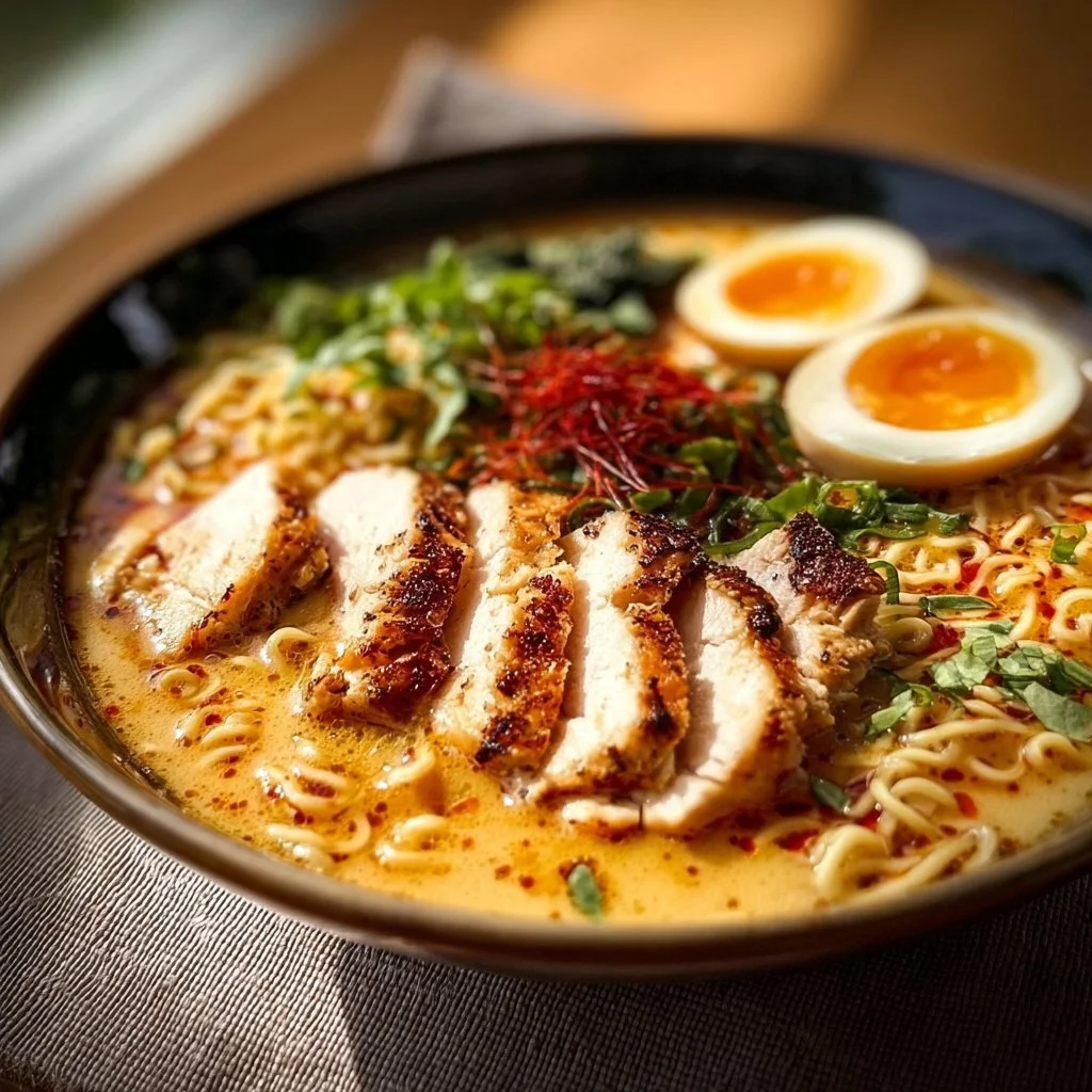 Delicious creamy garlic chicken ramen served in a bowl with fresh herbs