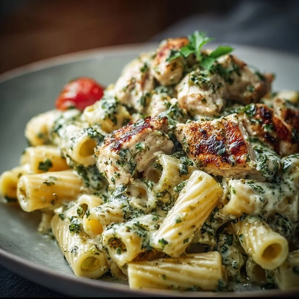 Delicious creamy pesto chicken pasta served with fresh basil and parmesan cheese.
