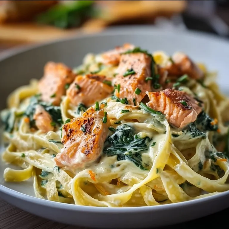 Creamy salmon spinach pasta with fresh herbs and a rich sauce