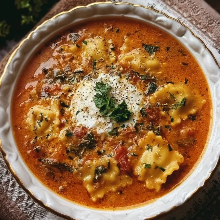 Bowl of creamy vegetarian lasagna soup with garnished herbs and cheese on top