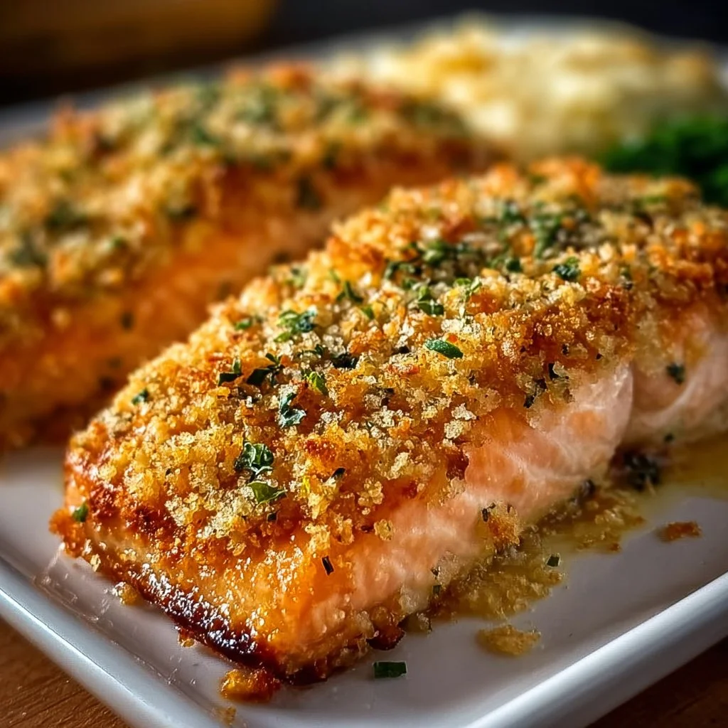 Crispy Parmesan Salmon Bake served on a plate with fresh herbs.