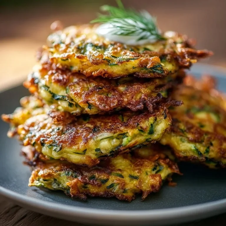 Plate of crispy zucchini fritters garnished with herbs