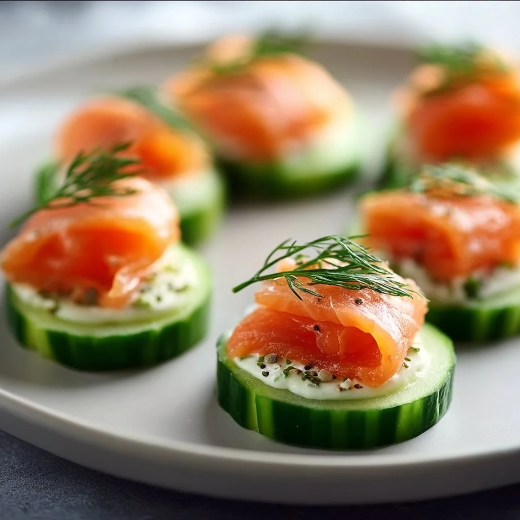 Cucumber smoked salmon bites served on a platter, garnished with dill.