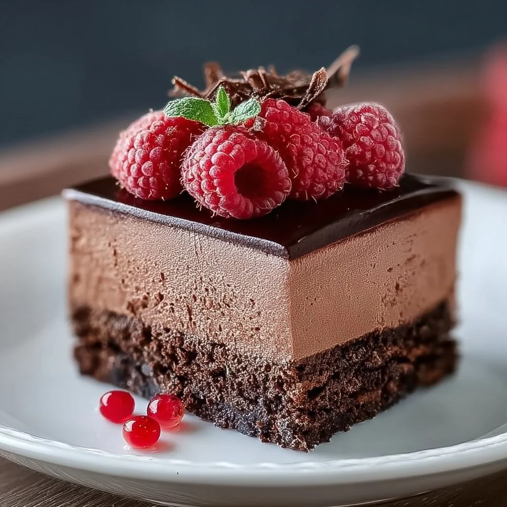Delicious dark chocolate raspberry mousse cake topped with fresh raspberries