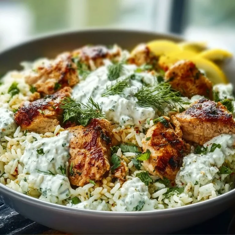 Delicious Dump and Bake Chicken Tzatziki Rice dish ready to serve.