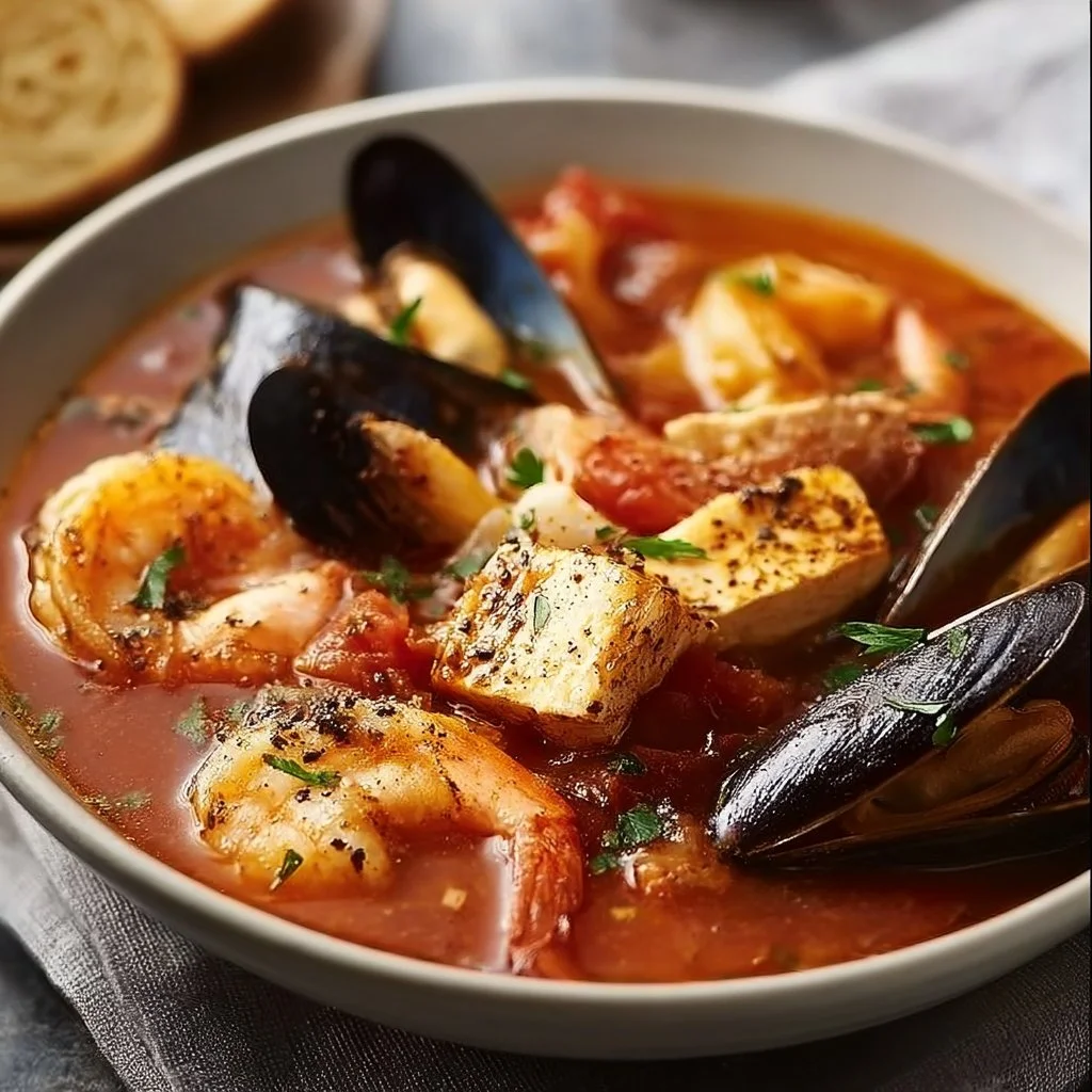 Bowl of easy Cioppino with fresh seafood and herbs
