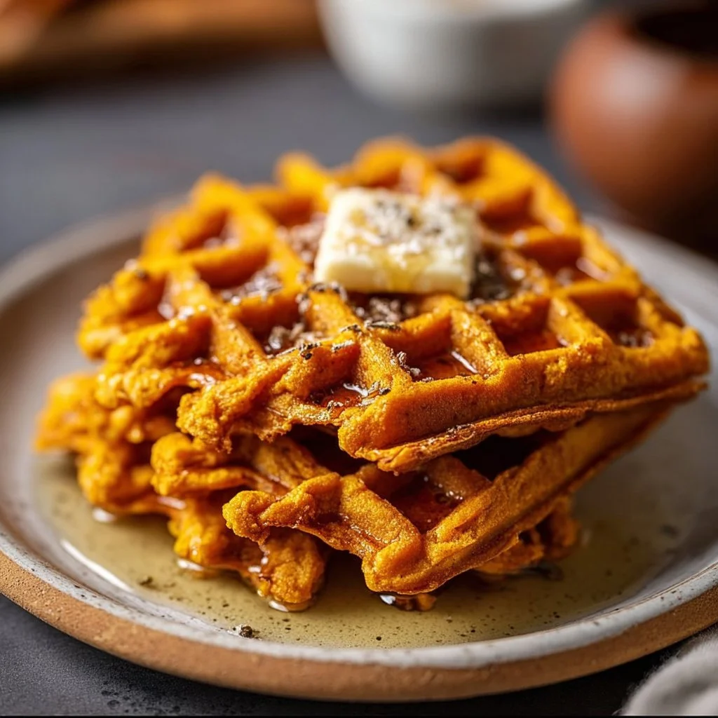 Easy gluten free sweet potato waffles topped with syrup and fruit