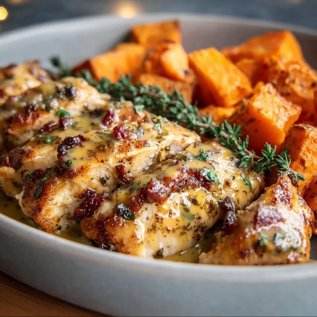 Maple dijon chicken bowl served with roasted sweet potatoes