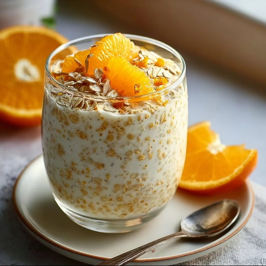 Bowl of Easy Orange Creamsicle Overnight Oats topped with orange slices and cream.