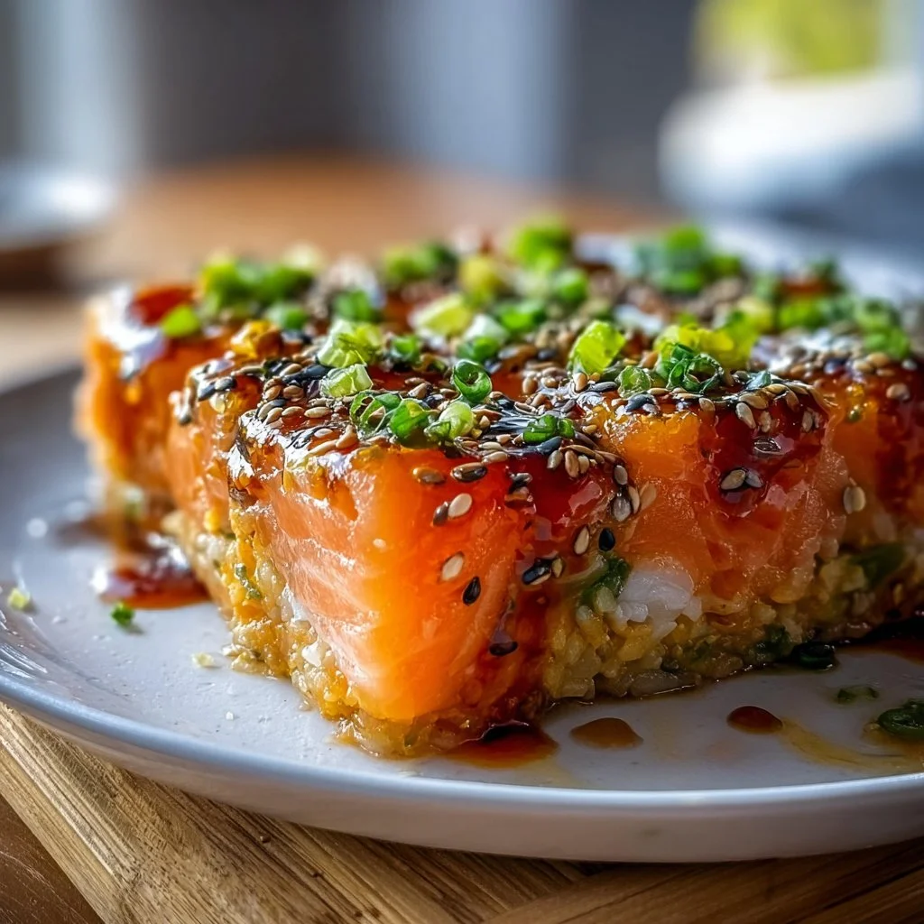 Easy spicy salmon sushi bake dish served in a beautiful ceramic dish