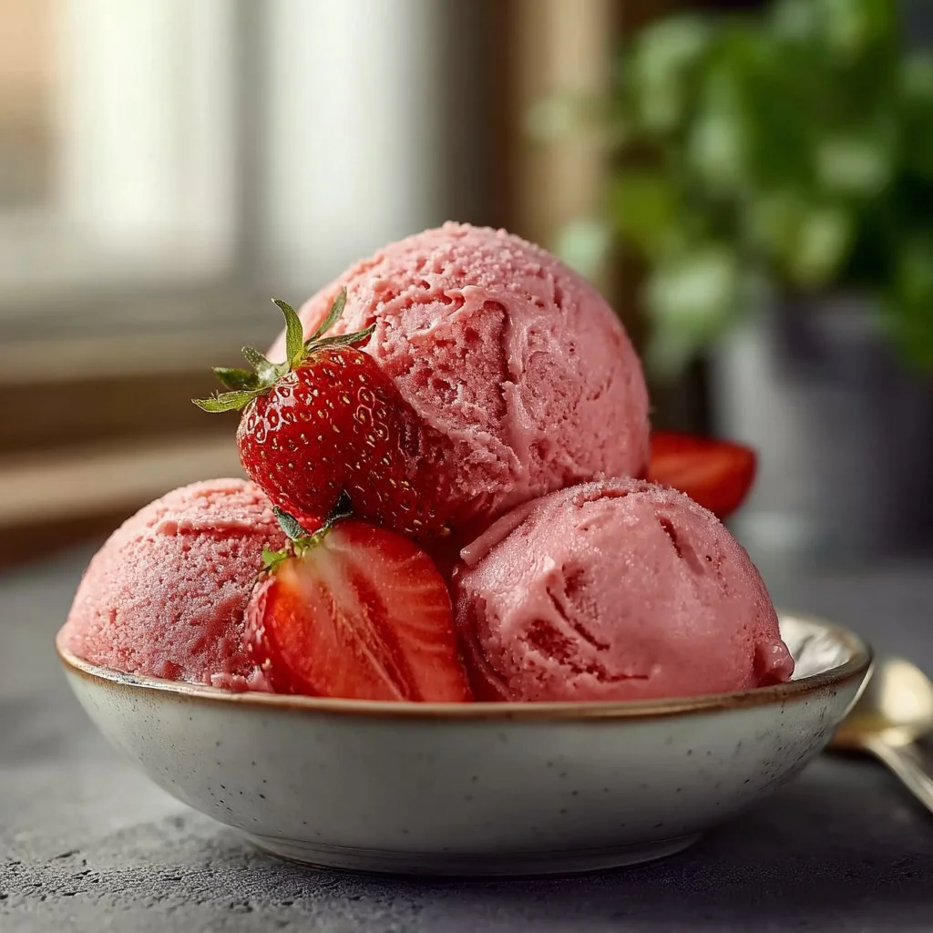 Homemade easy strawberry sorbet served in a bowl with fresh strawberries.