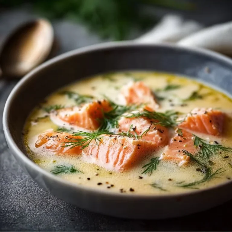 Traditional Finnish Salmon Soup (Lohikeitto) served in a rustic bowl.