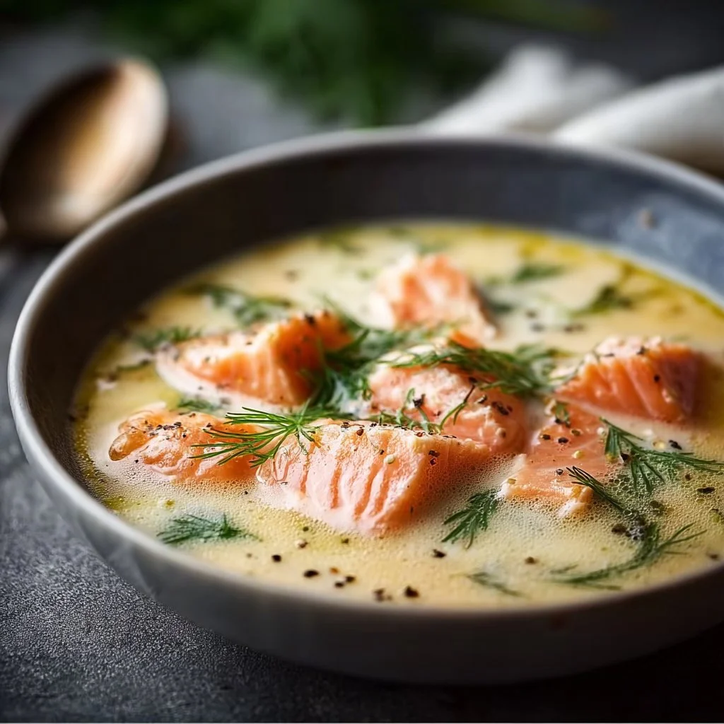 Traditional Finnish Salmon Soup (Lohikeitto) served in a rustic bowl.