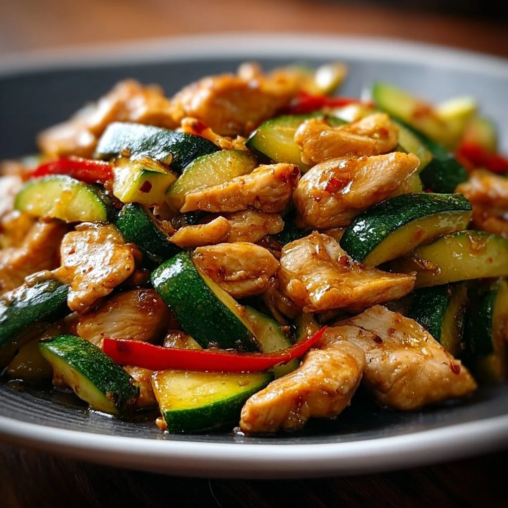 Delicious chicken zucchini stir fry with colorful vegetables in a pan