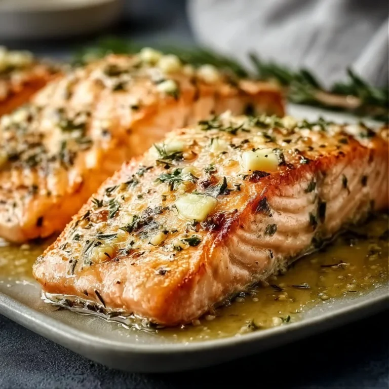 Garlic Butter Baked Salmon plated beautifully with herbs and lemon.