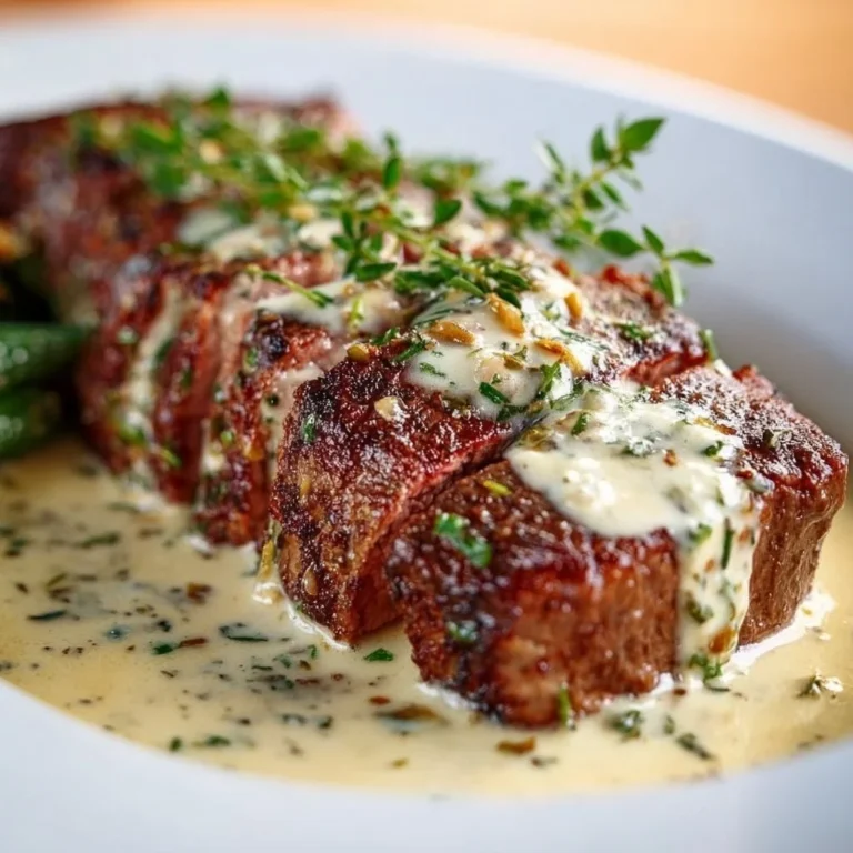 Garlic Butter Steak drizzled with creamy Parmesan sauce on a plate