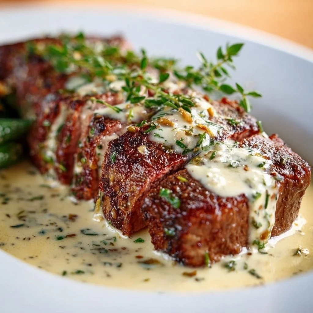 Garlic Butter Steak drizzled with creamy Parmesan sauce on a plate