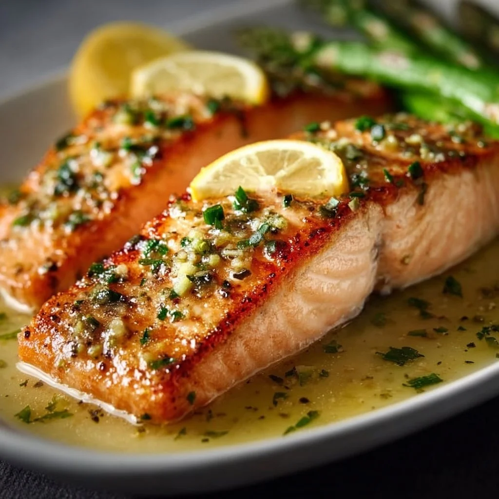 Salmon fillet topped with garlic lemon butter sauce for a flavorful dish