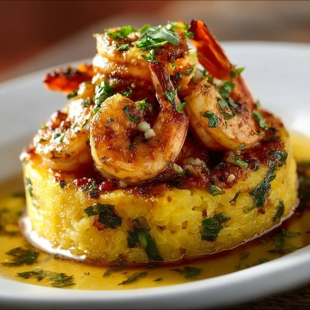 Delicious Garlic Shrimp Mofongo with shrimp and plantains served on a plate