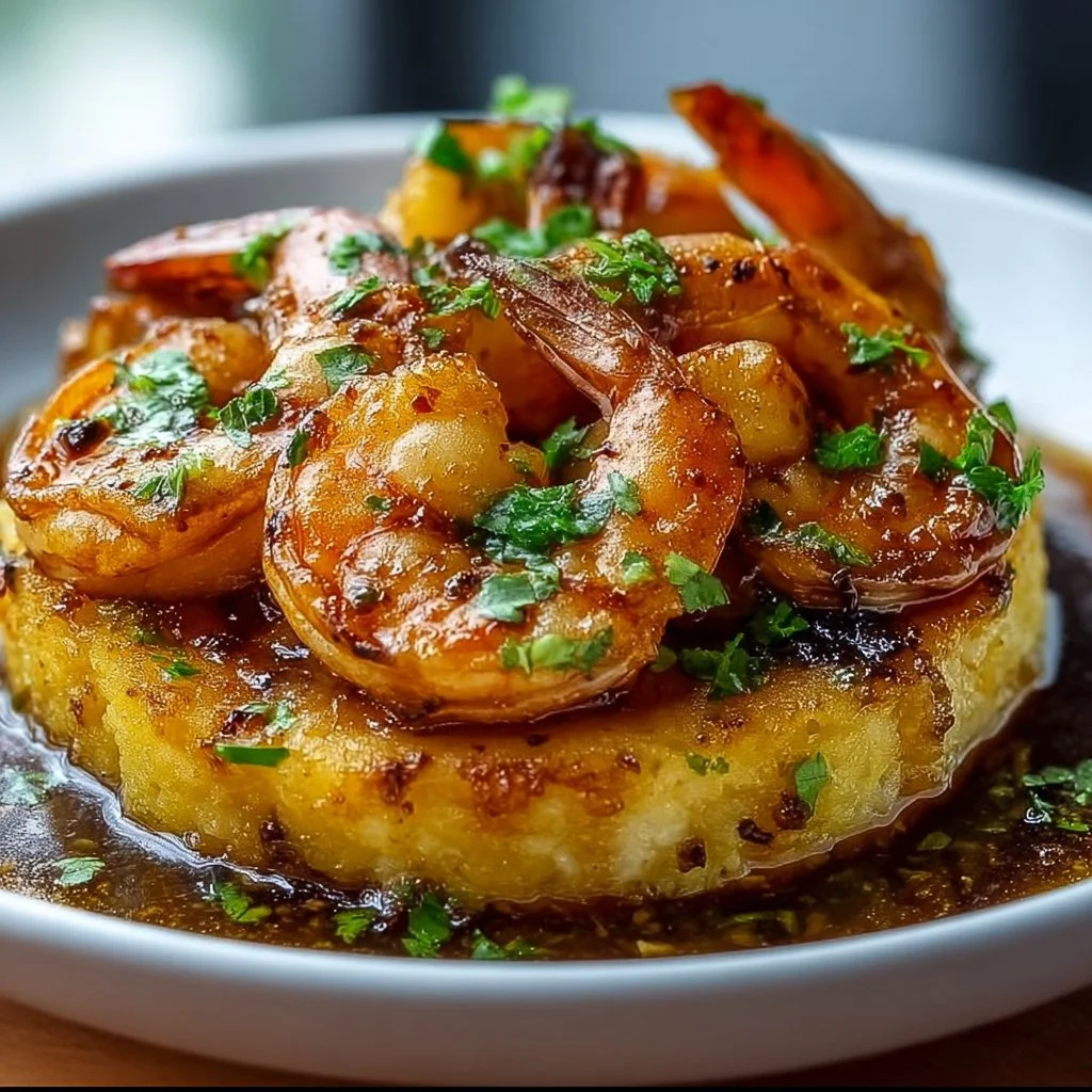 Plate of garlic shrimp mofongo garnished with herbs and lemon