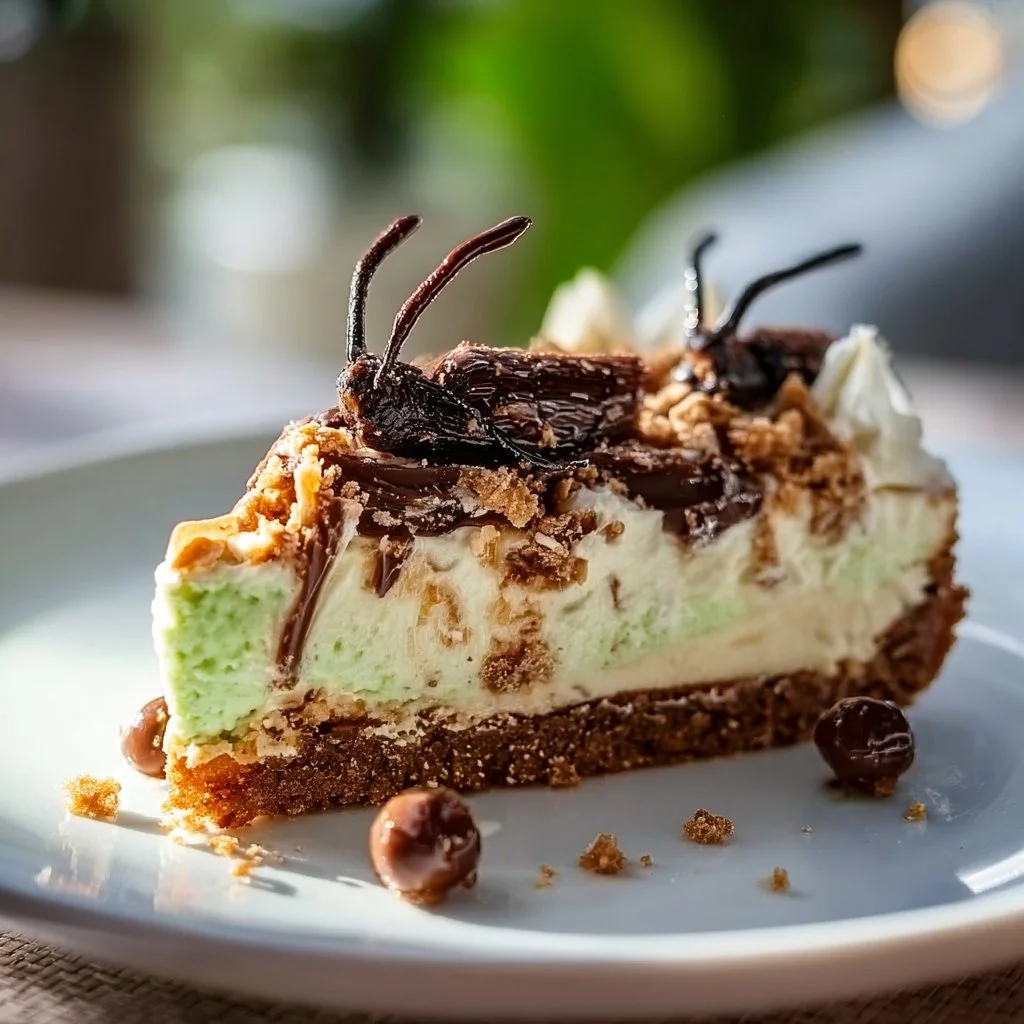 Delicious no-bake Grasshopper Pie with a minty green filling and chocolate crust
