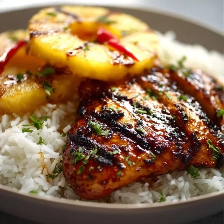 Hawaiian Chicken served with pineapple and coconut rice on a plate