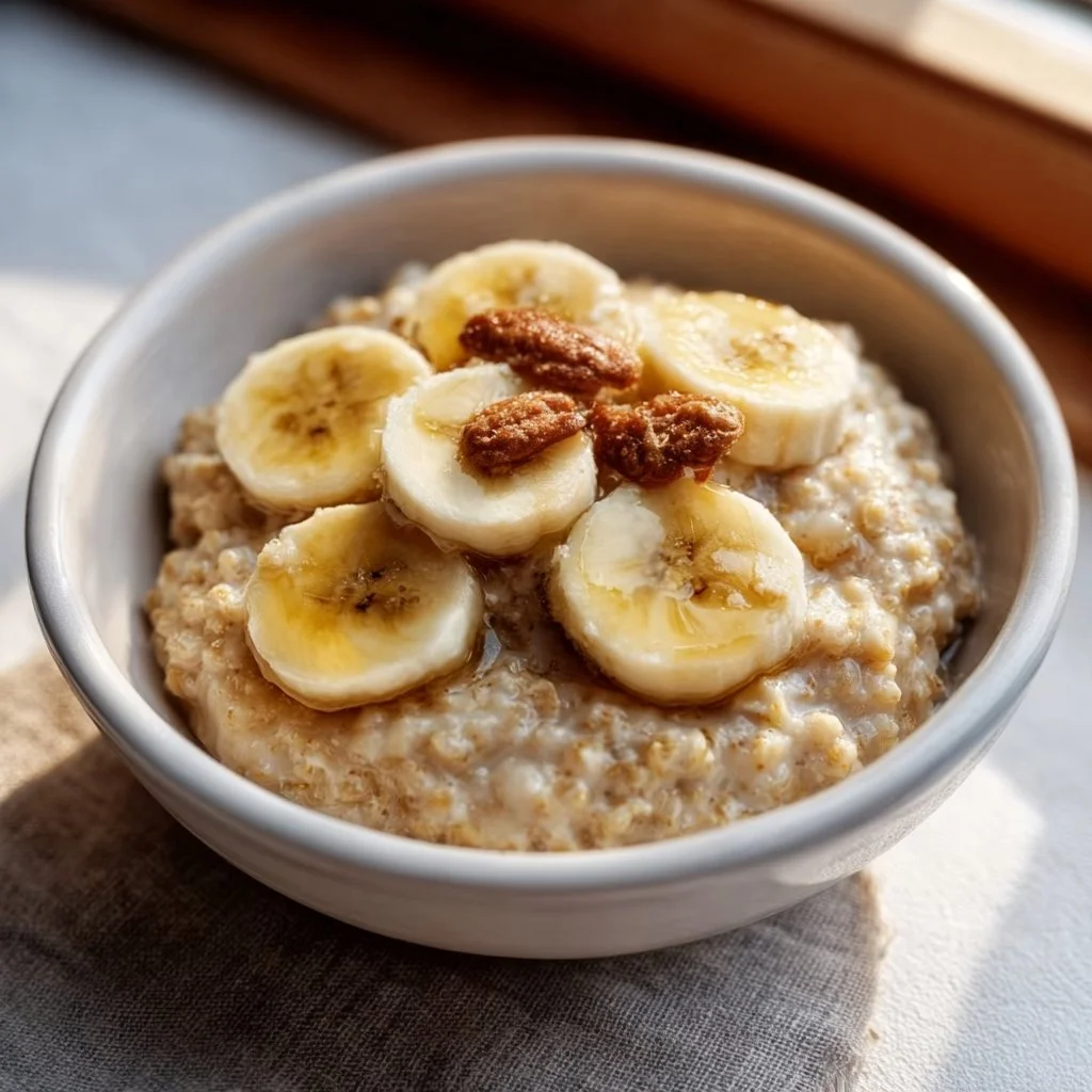Bowl of healthy banana oatmeal topped with fresh banana slices and nuts