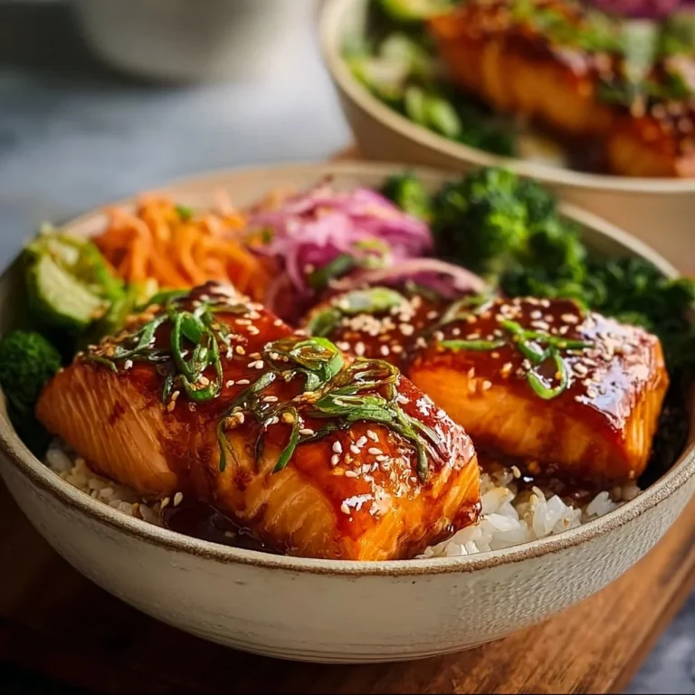 Honey Sriracha glazed salmon bowl with vegetables and rice