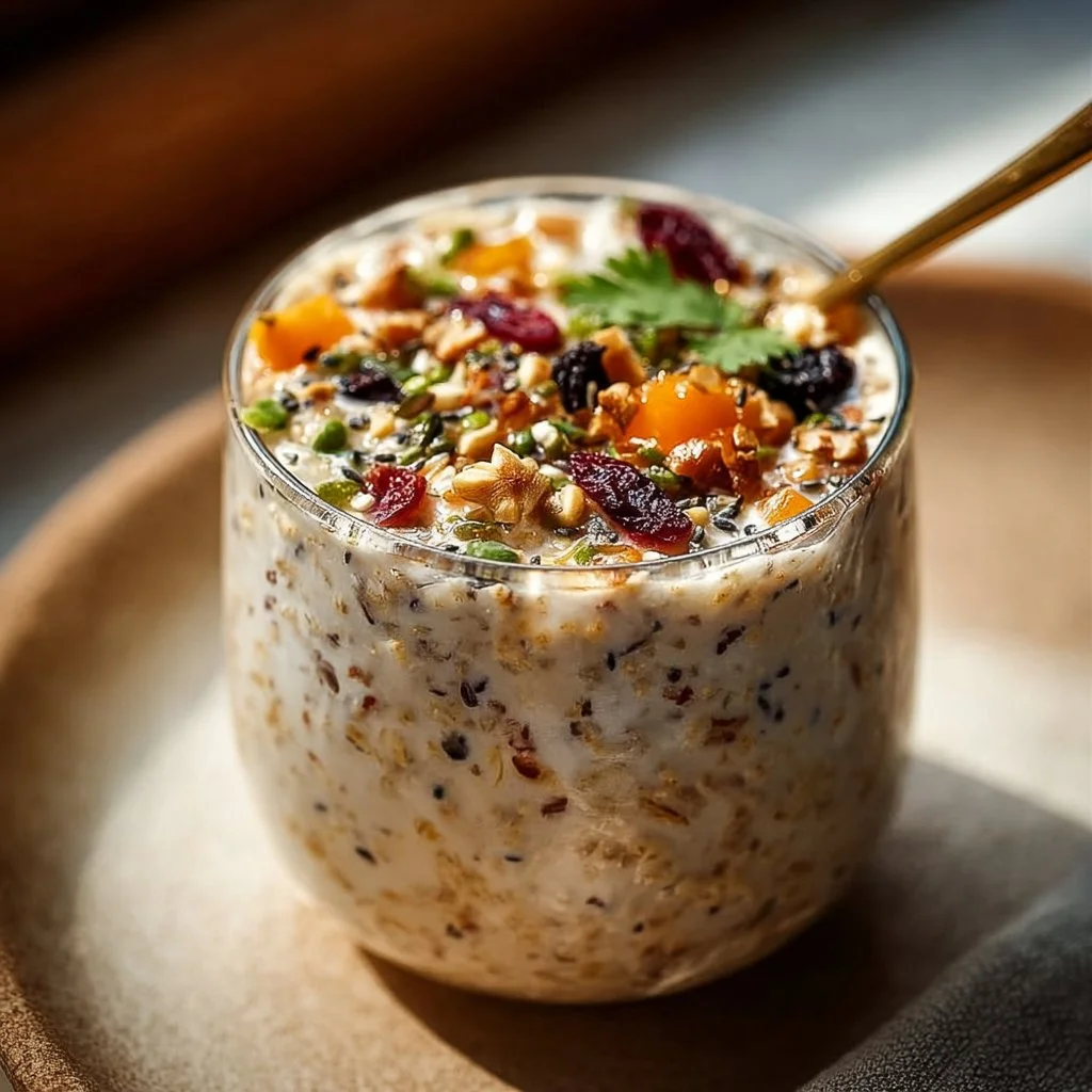 Bowl of Indian overnight oats topped with fruits and nuts