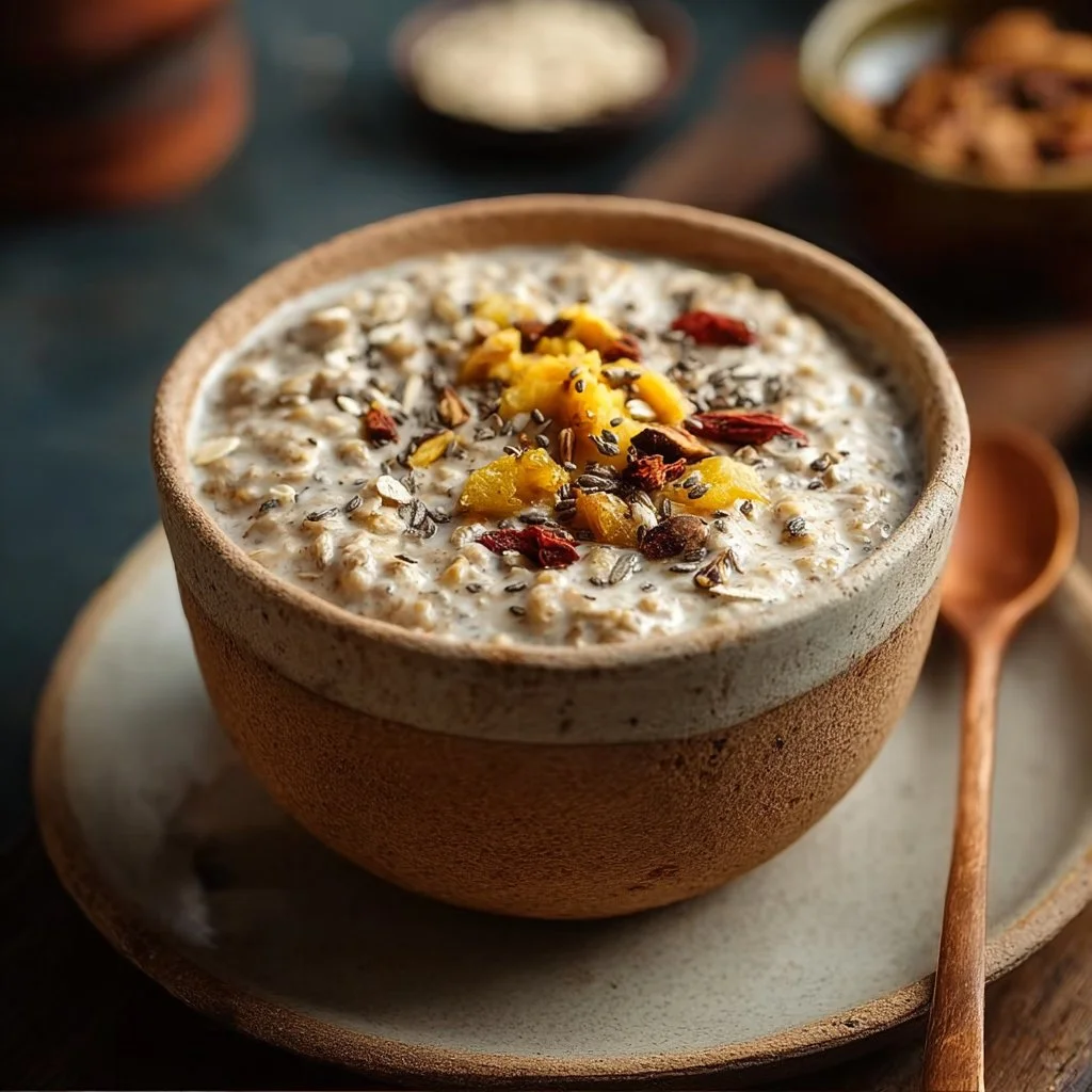 Bowl of Indian Overnight Oats topped with fruits and nuts