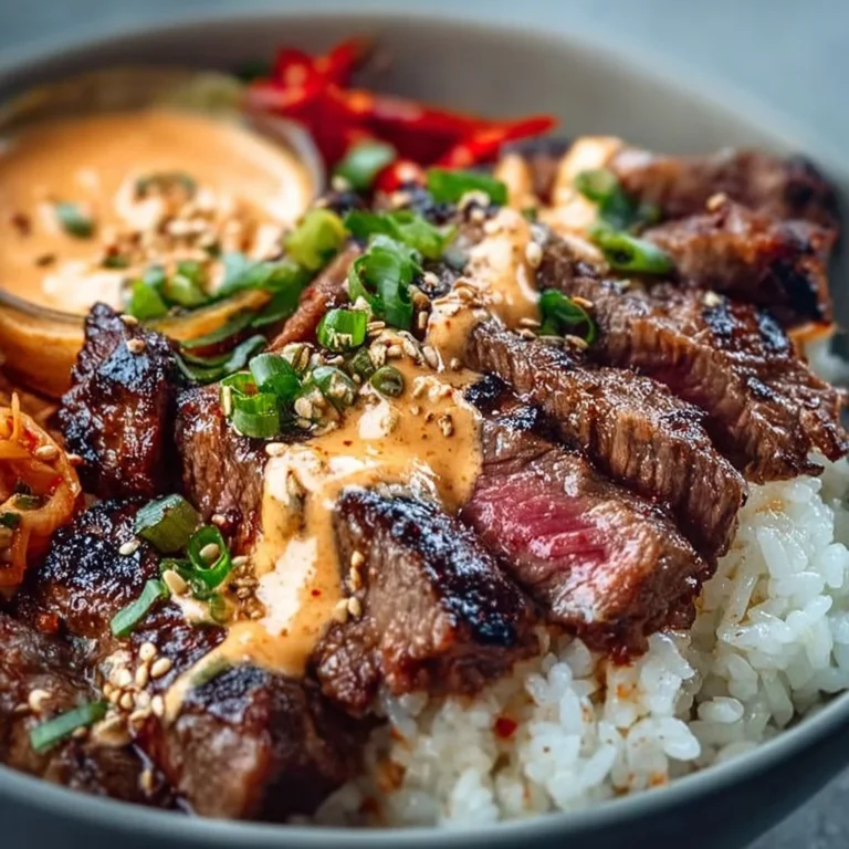 Korean BBQ steak rice bowl with spicy cream sauce and vegetables