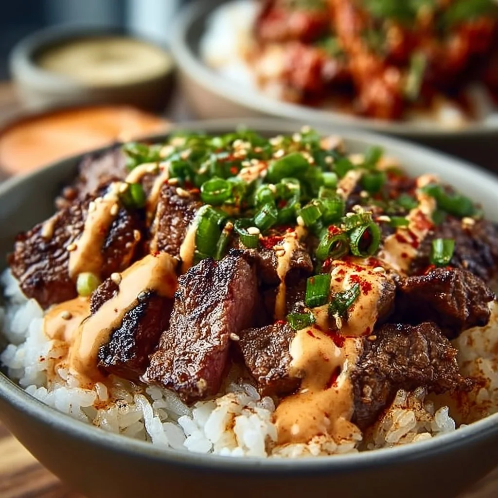 Irresistibly Easy Korean BBQ Steak Rice Bowls with Spicy Cream Sauce
