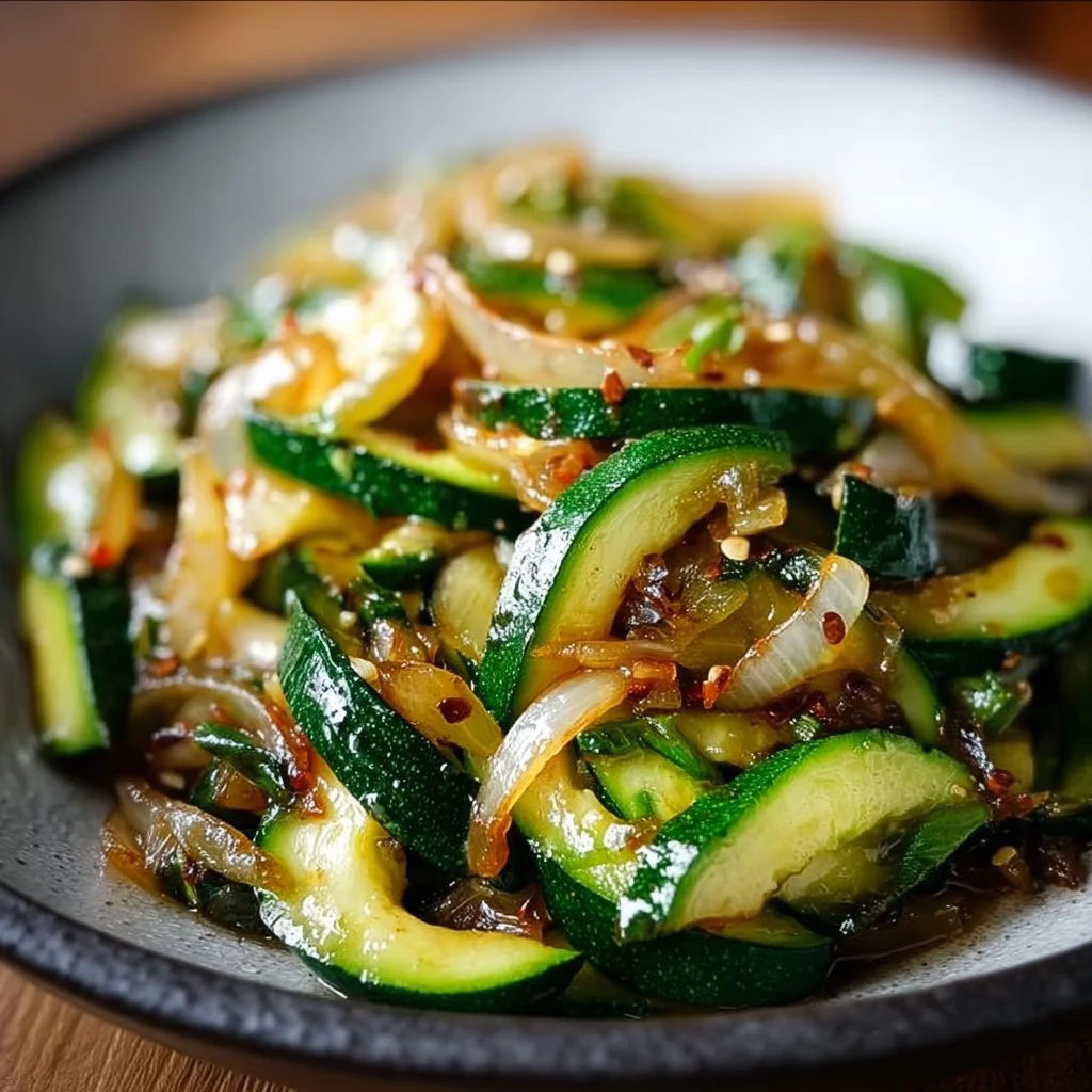 Japanese zucchini and onion stir-fry served in a bowl