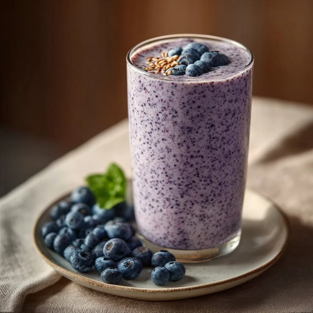 Keto Blueberry Smoothie in a glass with berries and leaves