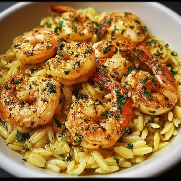 Lemon garlic shrimp served with orzo pasta in a vibrant dish