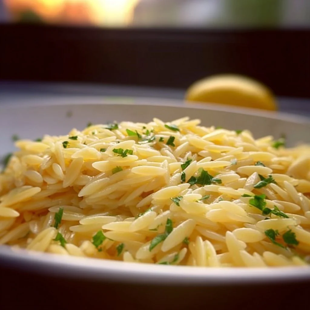 A bowl of Lemon Orzo Pasta garnished with fresh herbs and lemon slices.