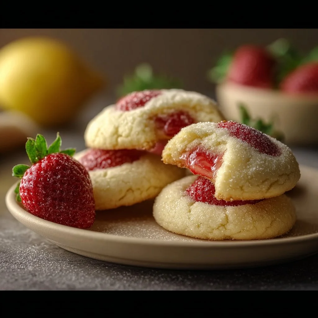 Lemon sugar strawberry cookies on a plate with fresh strawberries