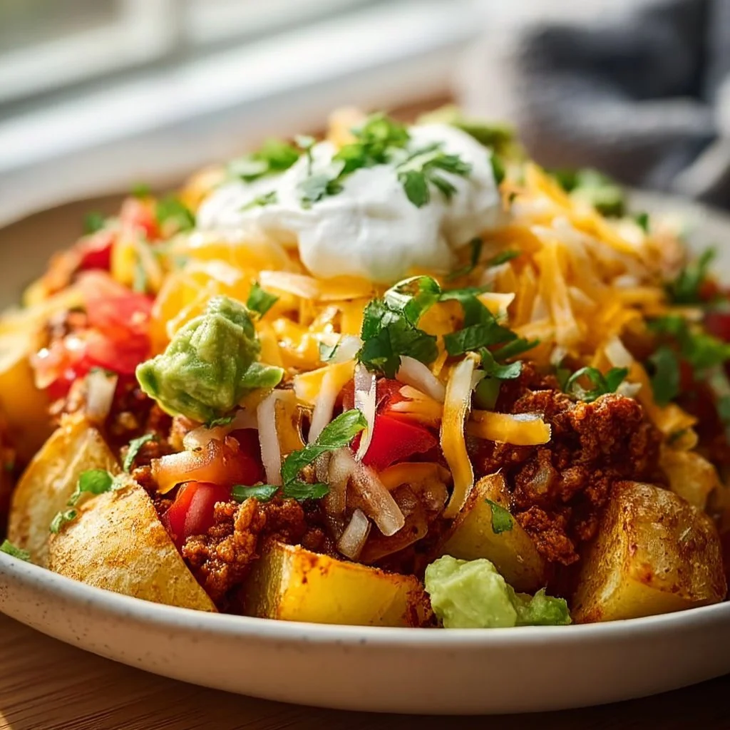 Delicious loaded potato taco bowls topped with fresh ingredients